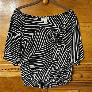 WHBM Y2K Safari Chic Silk Blouse Black White Geometric Rosette Top Boho Glam